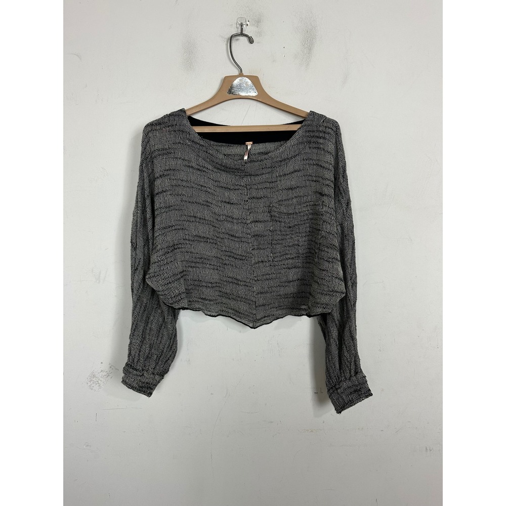 Free People Black White Textured Knit Cropped Long Sleeve Top Small OB1263873